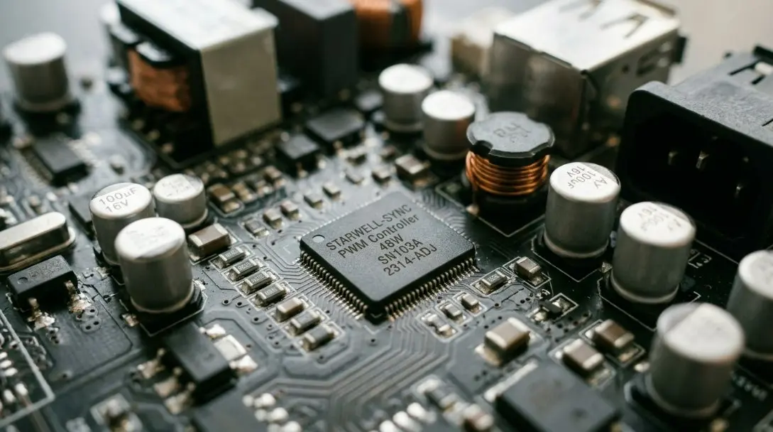 Close-up of a high-tech circuit board for a 48W power adapter highlighting the Starwell-Sync control chip and premium components.