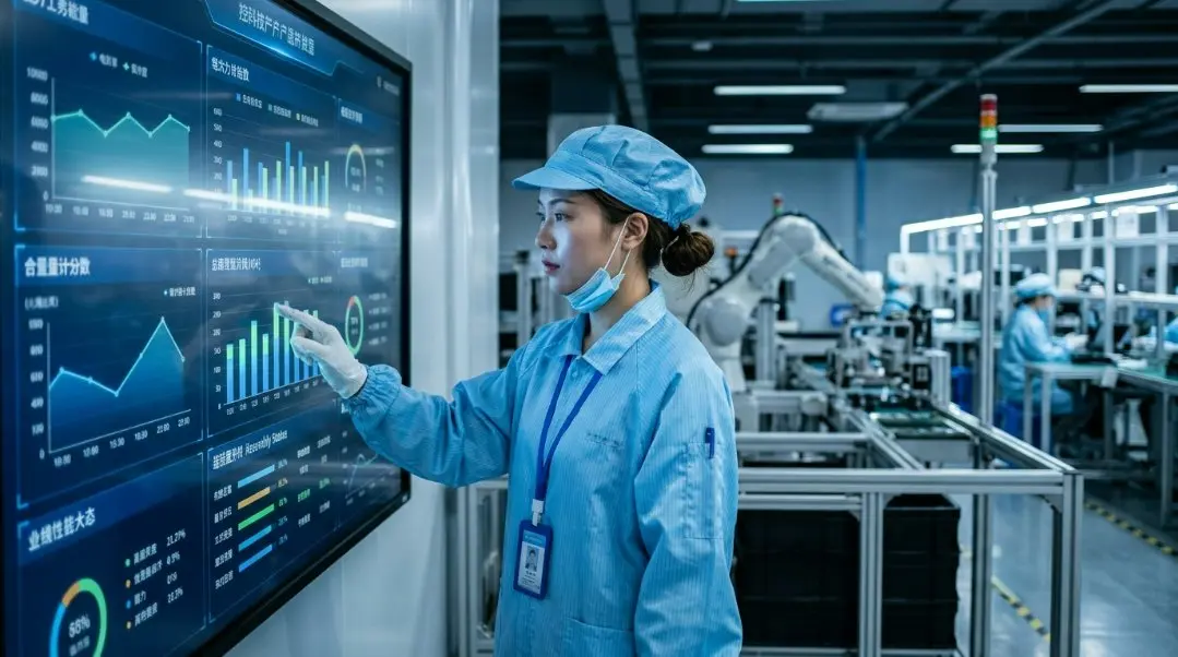 A professional technician using a digital dashboard to monitor real-time production capacity and quality audits in a Chinese electronics factory.
