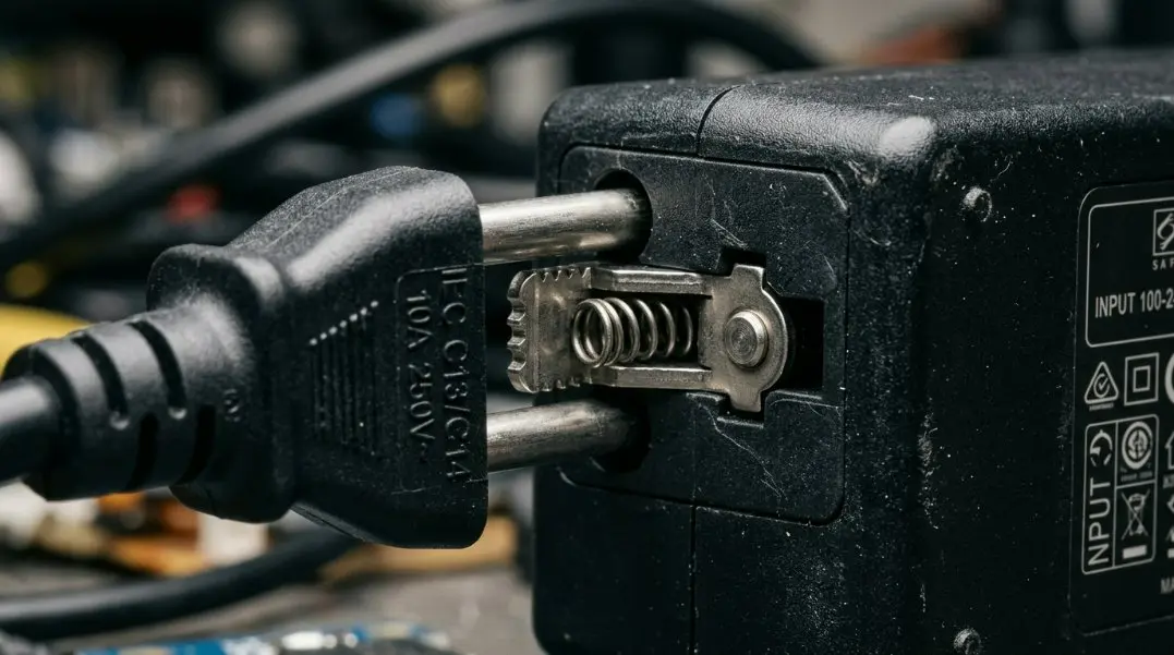 Close-up diagram illustrating the mechanical locking mechanism of a detachable plug onto a power adapter body.